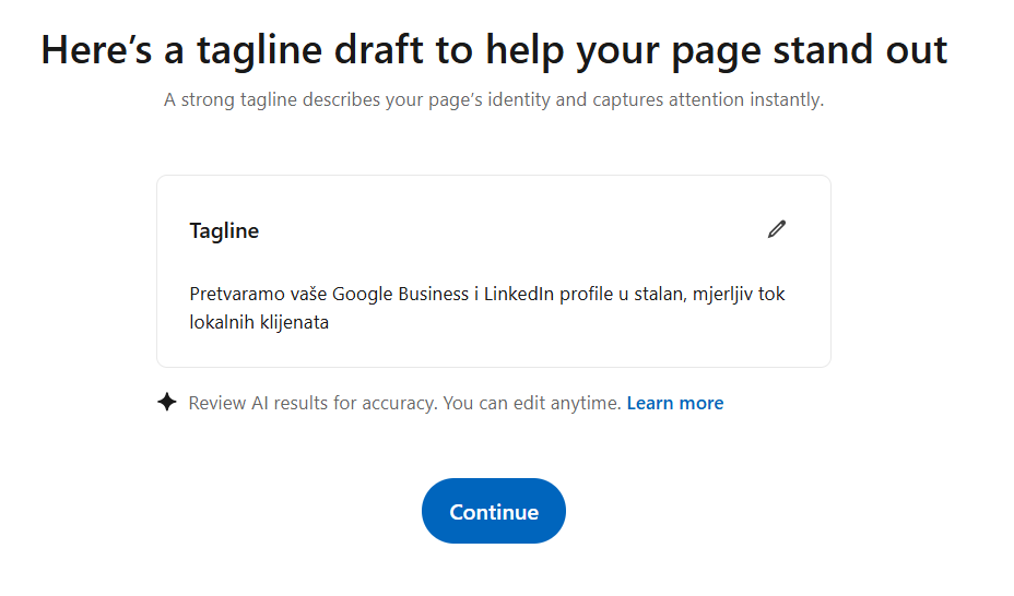 AI predlog za tag line LinkedIn poslovne stranice