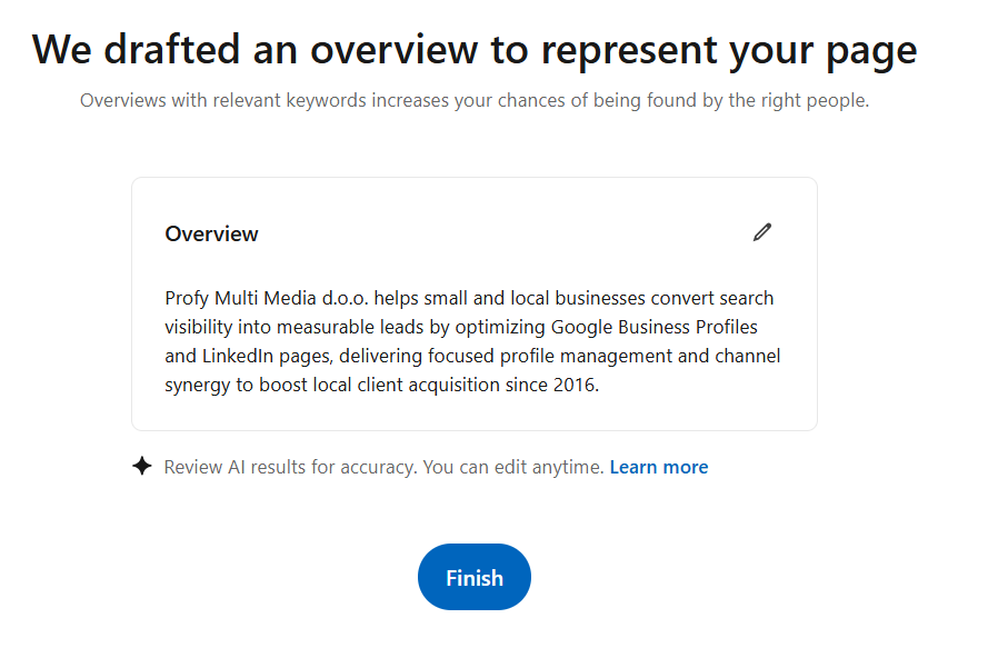 AI predlog za opis LinkedIn poslovne stranice